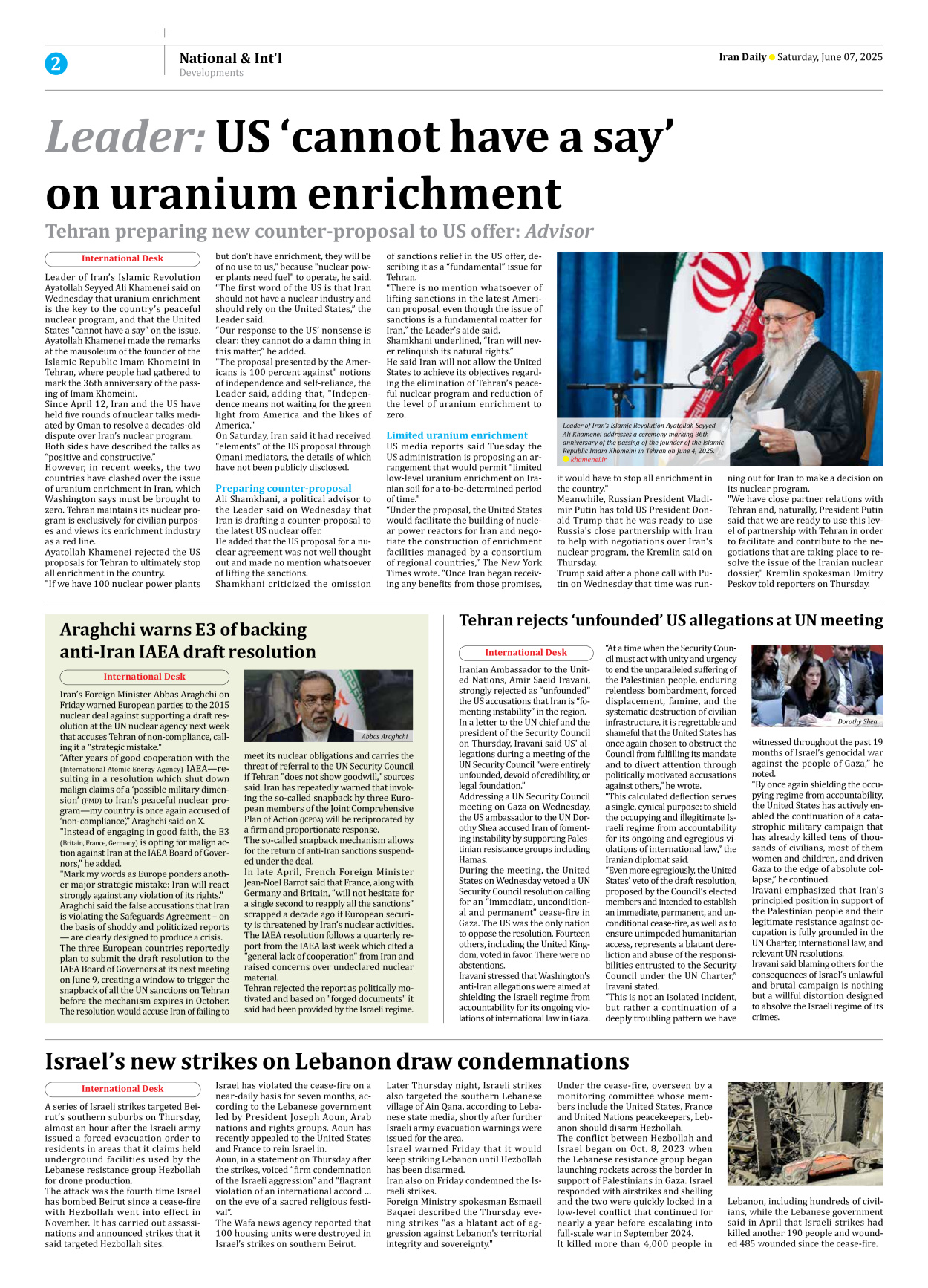 Iran Daily - Number Seven Thousand Eight Hundred and Forty Nine - 07 June 2025 - Page 2