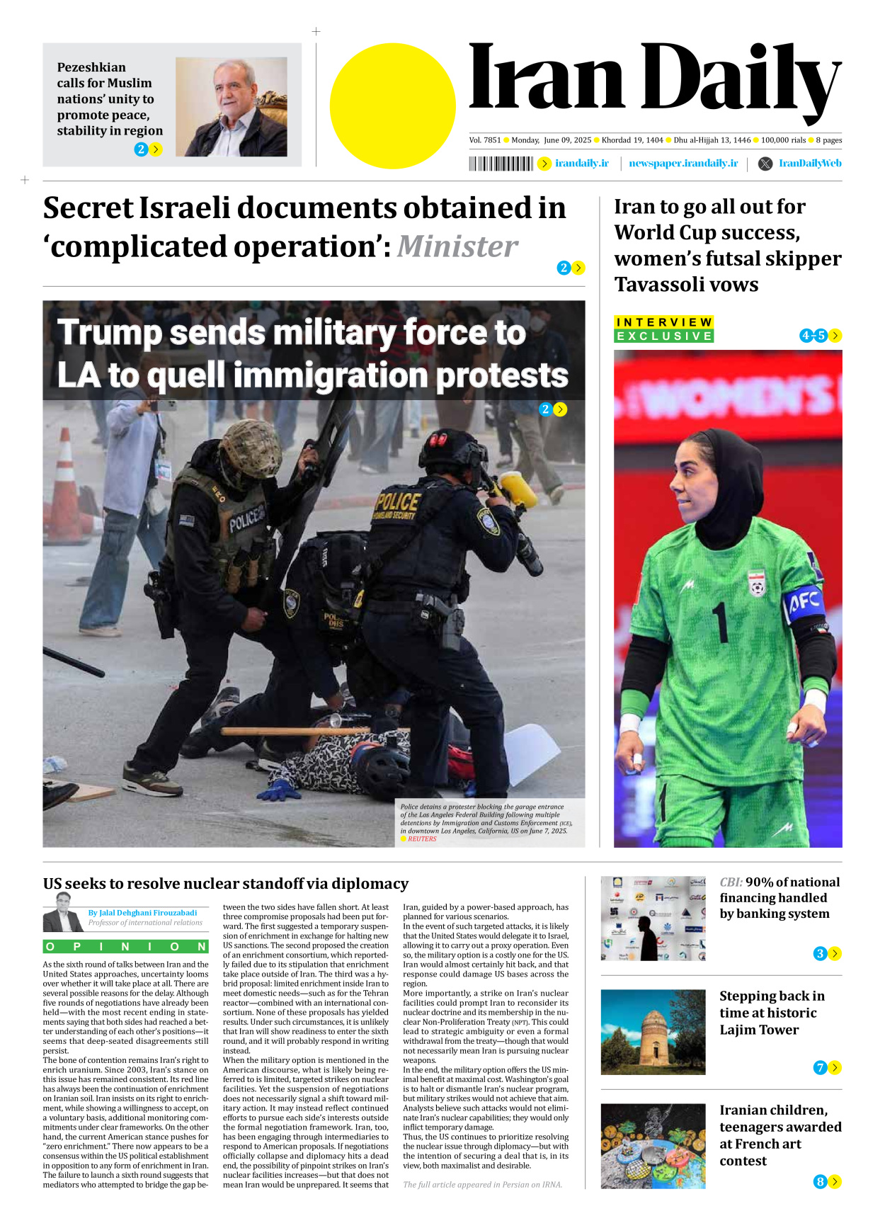 Iran Daily - Number Seven Thousand Eight Hundred and Fifty One - 09 June 2025