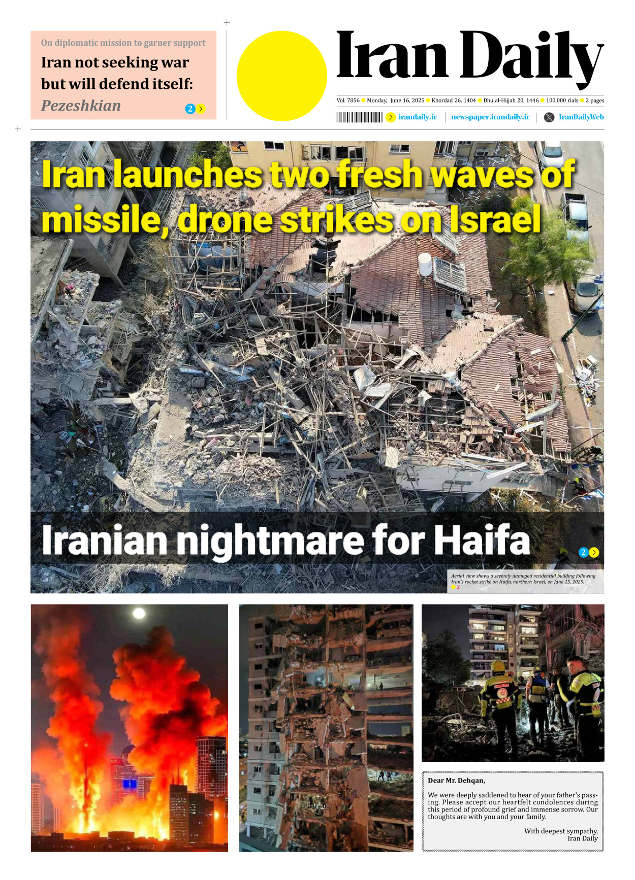 Iran Daily - Number Seven Thousand Eight Hundred and Fifty Six - 16 June 2025