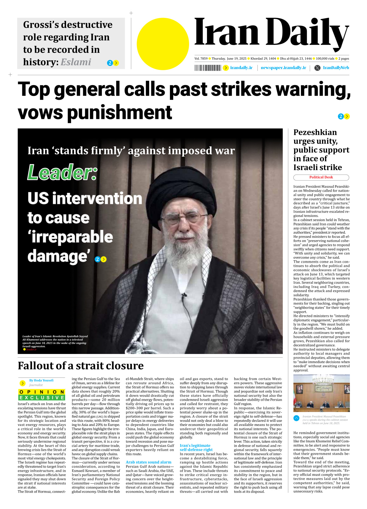 Iran Daily - Number Seven Thousand Eight Hundred and Fifty Nine - 19 June 2025