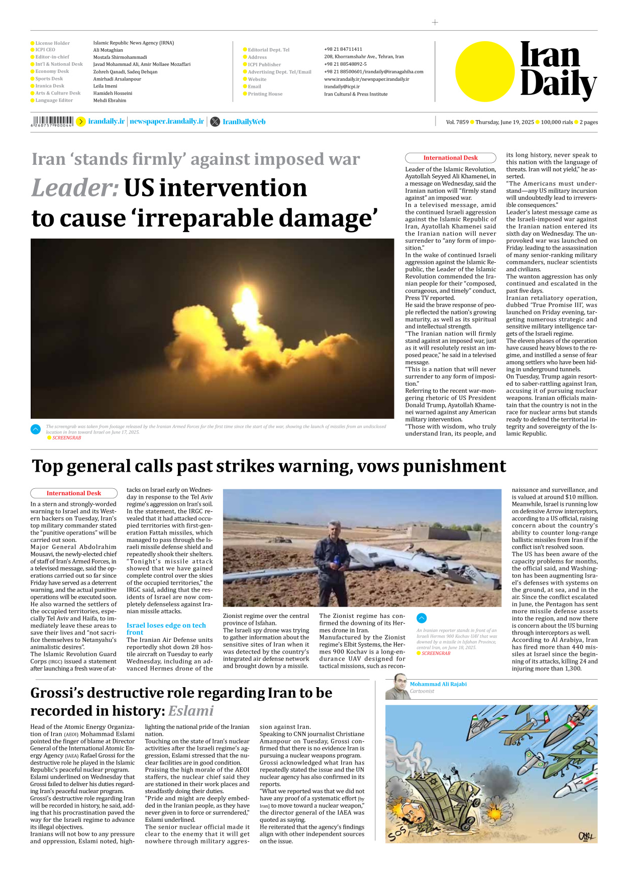 Iran Daily - Number Seven Thousand Eight Hundred and Fifty Nine - 19 June 2025 - Page 2