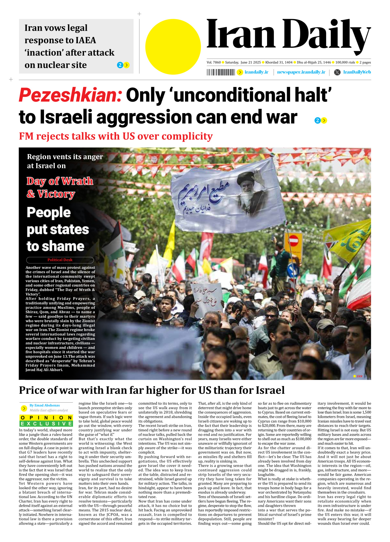 Iran Daily - Number Seven Thousand Eight Hundred and Sixty - 21 June 2025