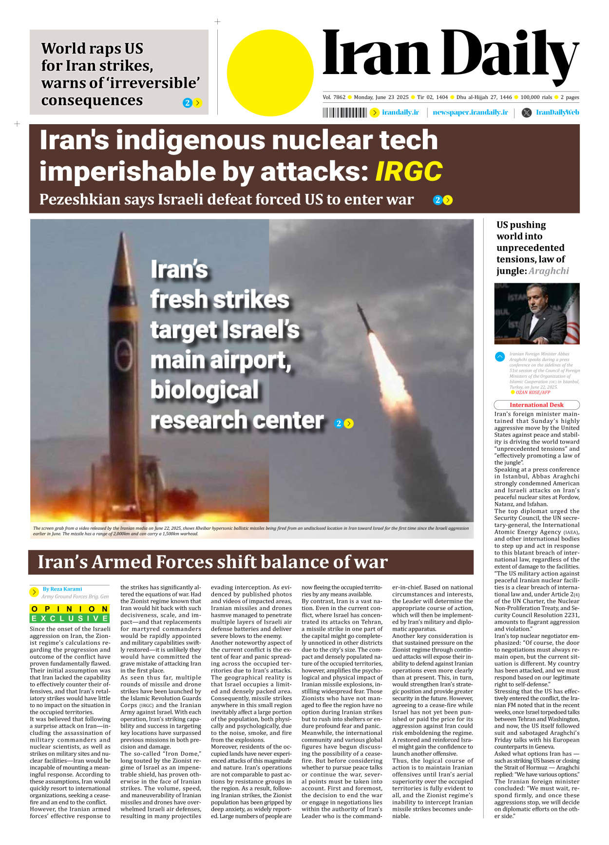 Iran Daily - Number Seven Thousand Eight Hundred and Sixty Two - 23 June 2025