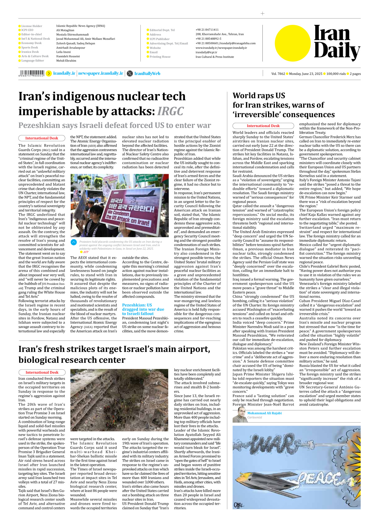 Iran Daily - Number Seven Thousand Eight Hundred and Sixty Two - 23 June 2025 - Page 2