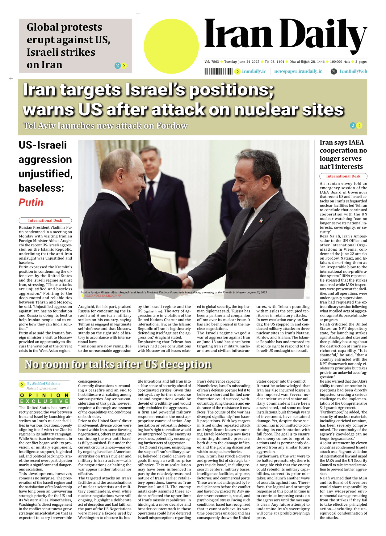 Iran Daily - Number Seven Thousand Eight Hundred and Sixty Three - 24 June 2025