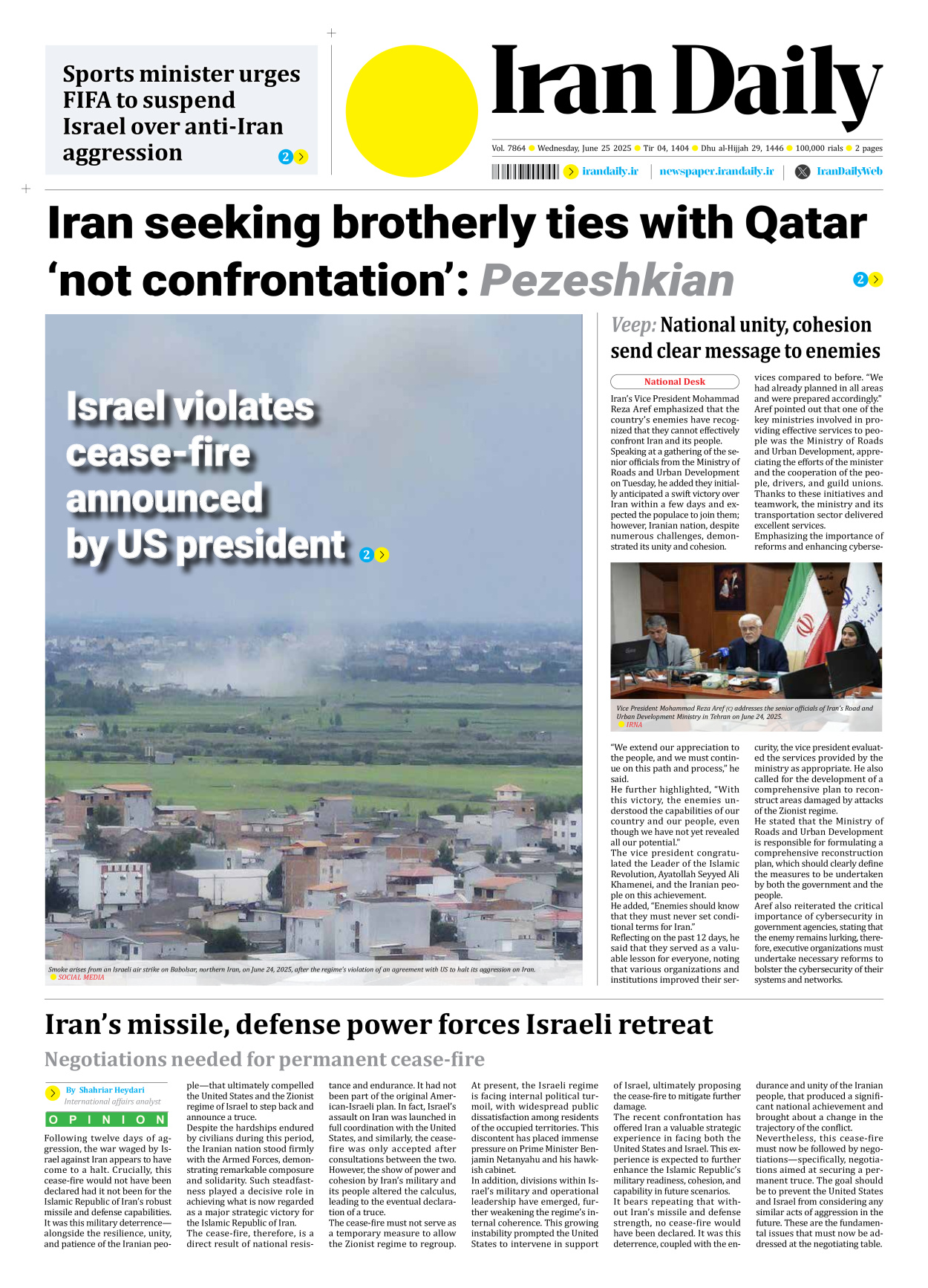 Iran Daily - Number Seven Thousand Eight Hundred and Sixty Four - 25 June 2025