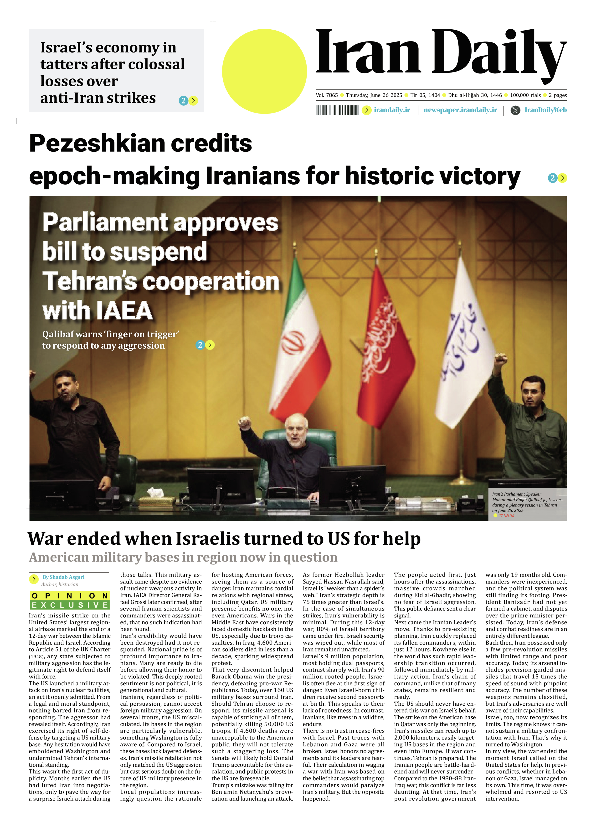 Iran Daily - Number Seven Thousand Eight Hundred and Sixty Five - 26 June 2025 - Page 1