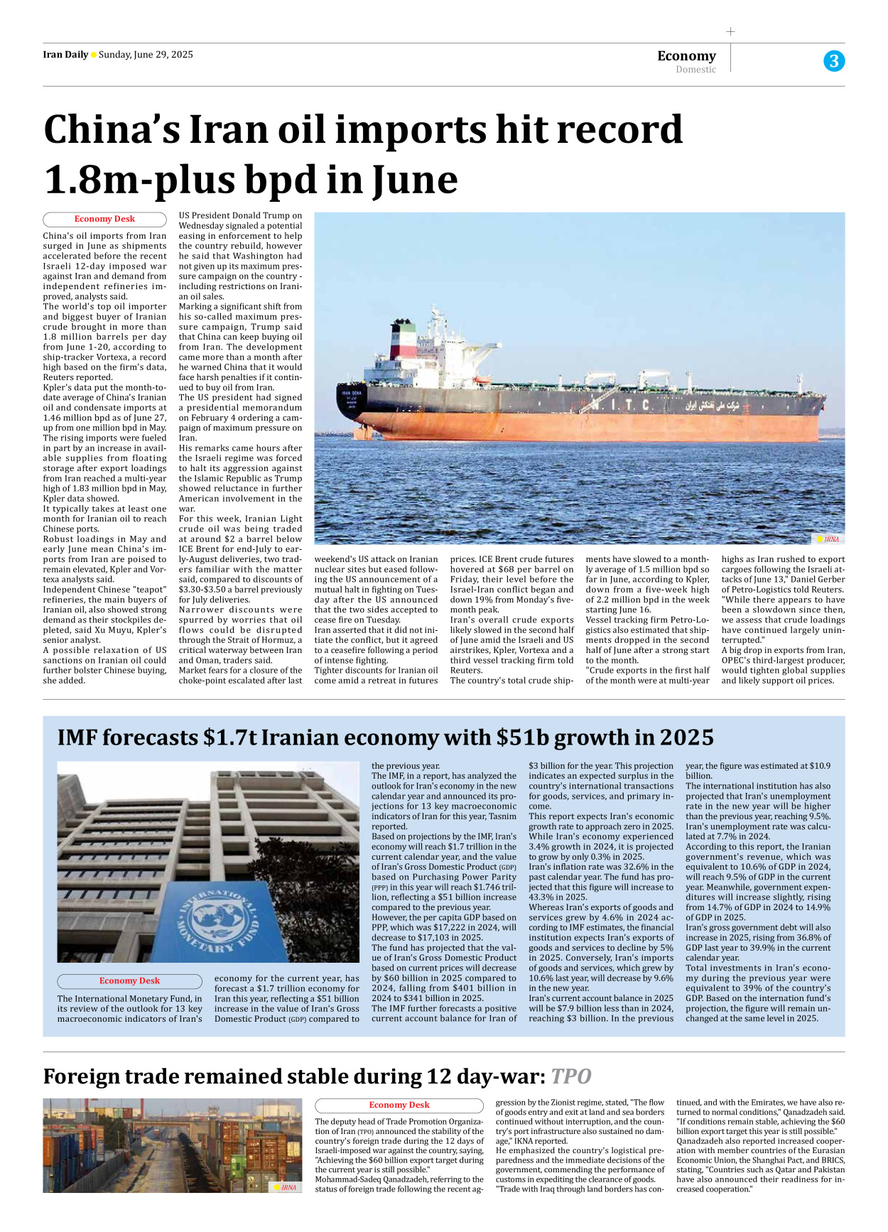 Iran Daily - Number Seven Thousand Eight Hundred and Sixty Seven - 29 June 2025 - Page 3