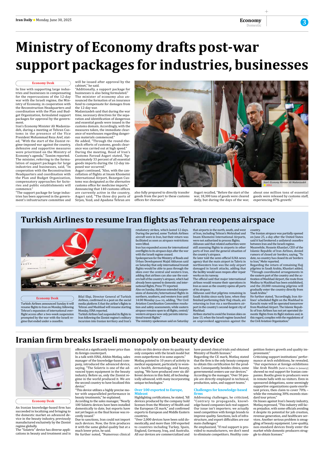 Iran Daily - Number Seven Thousand Eight Hundred and Sixty Eight - 30 June 2025 - Page 3