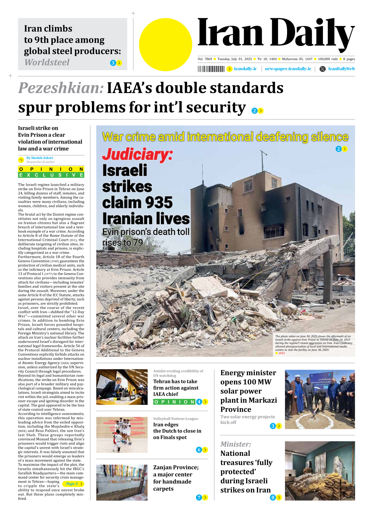 Iran Daily - Number Seven Thousand Eight Hundred and Sixty Nine - 01 July 2025