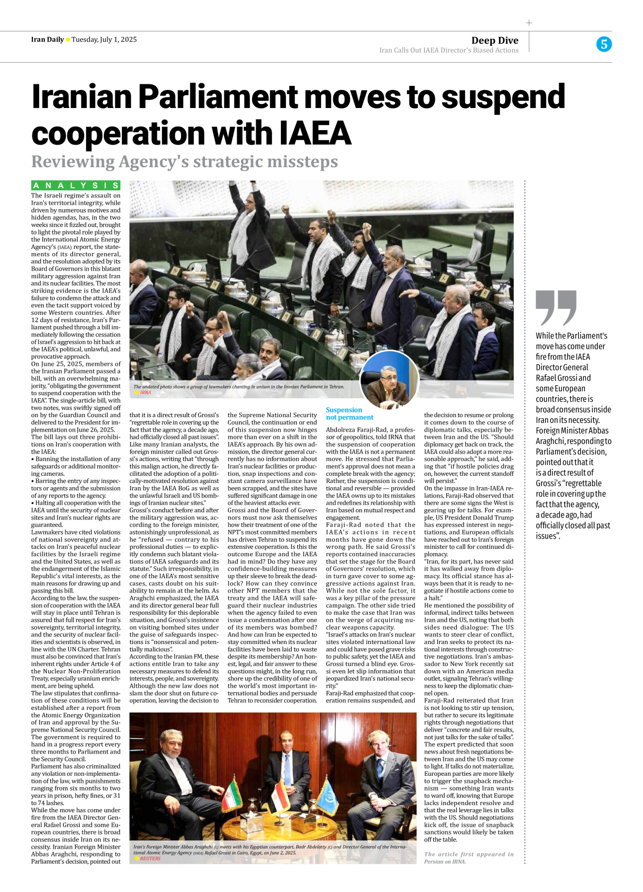 Iran Daily - Number Seven Thousand Eight Hundred and Sixty Nine - 01 July 2025 - Page 5