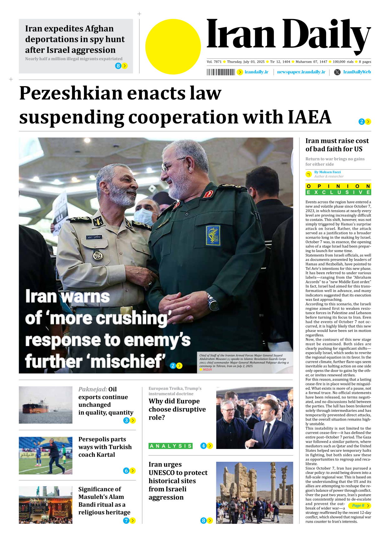 Iran Daily - Number Seven Thousand Eight Hundred and Seventy One - 03 July 2025