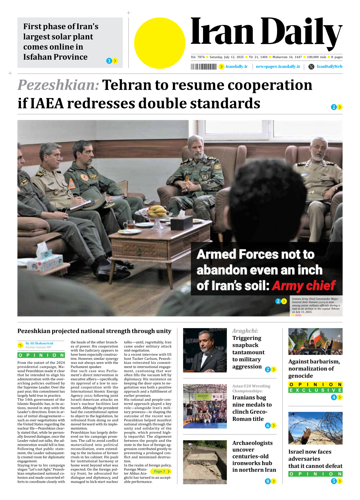 Iran Daily - Number Seven Thousand Eight Hundred and Seventy Six - 12 July 2025