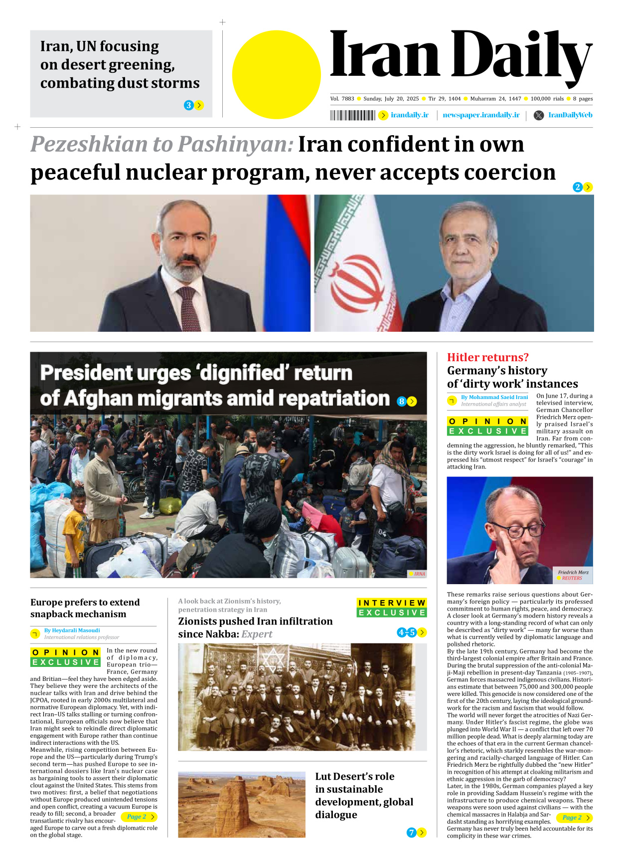 Iran Daily - Number Seven Thousand Eight Hundred and Eighty Three - 20 July 2025