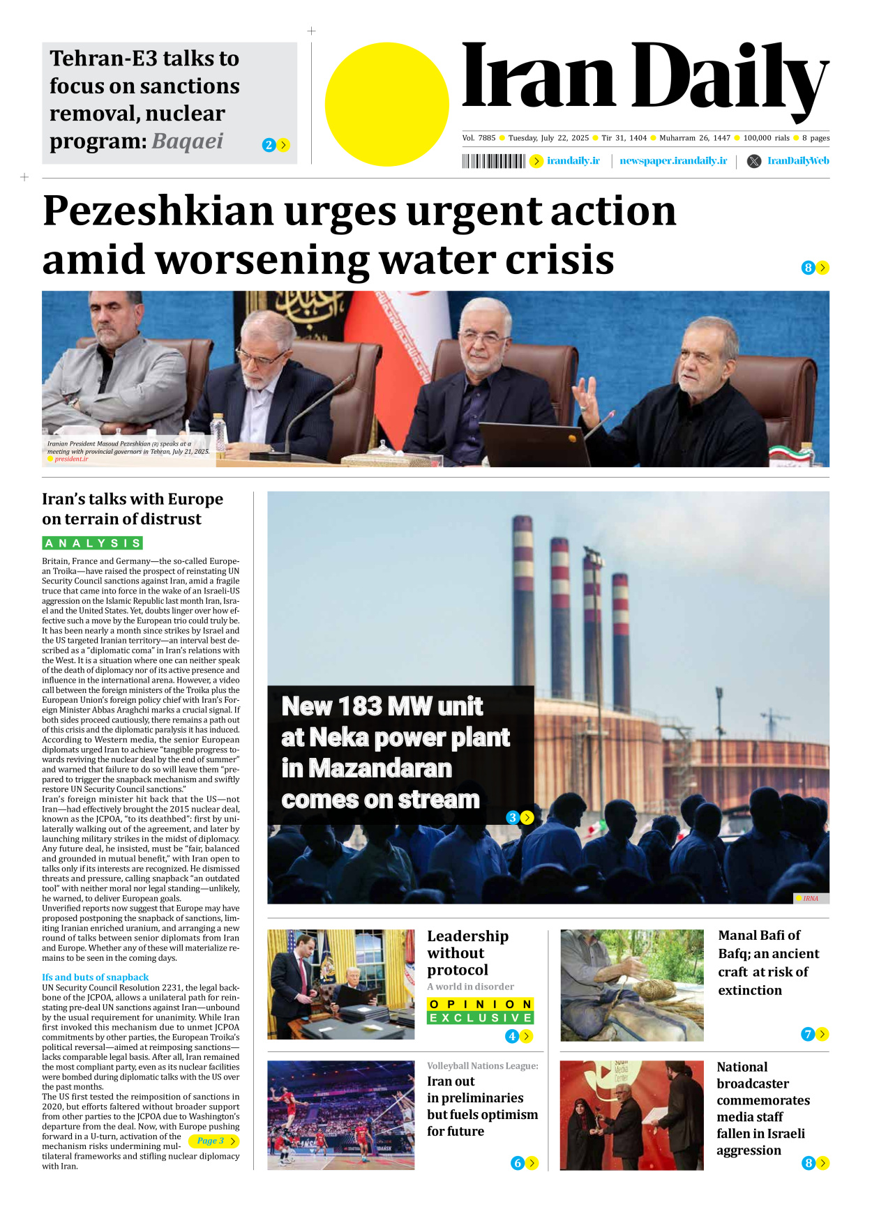 Iran Daily - Number Seven Thousand Eight Hundred and Eighty Five - 22 July 2025