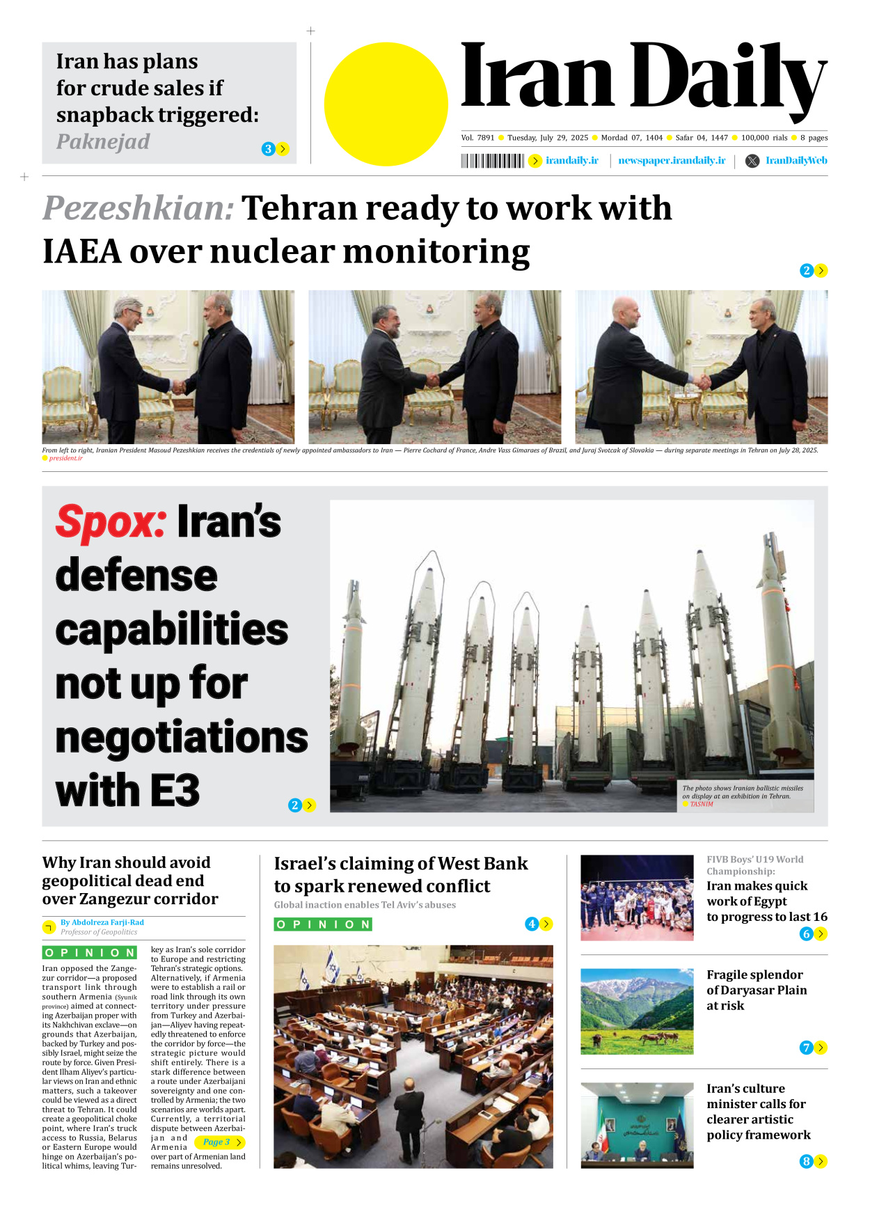 Iran Daily - Number Seven Thousand Eight Hundred and Ninety One - 29 July 2025 - Page 1