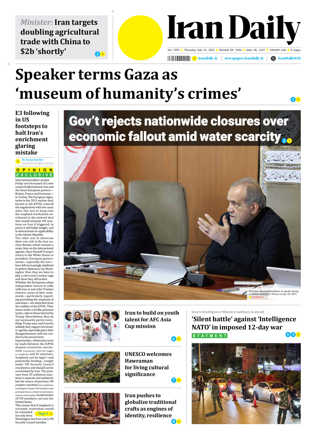 Iran Daily - Number Seven Thousand Eight Hundred and Ninety Three - 31 July 2025
