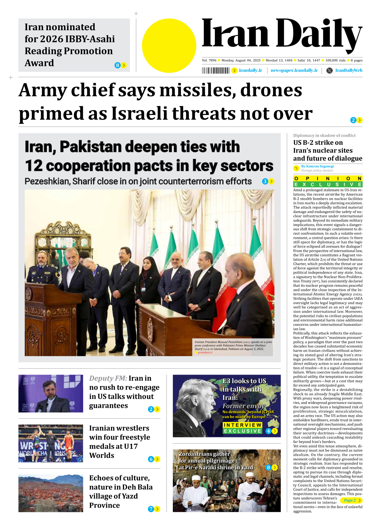 Iran Daily - Number Seven Thousand Eight Hundred and Ninety Six - 04 August 2025