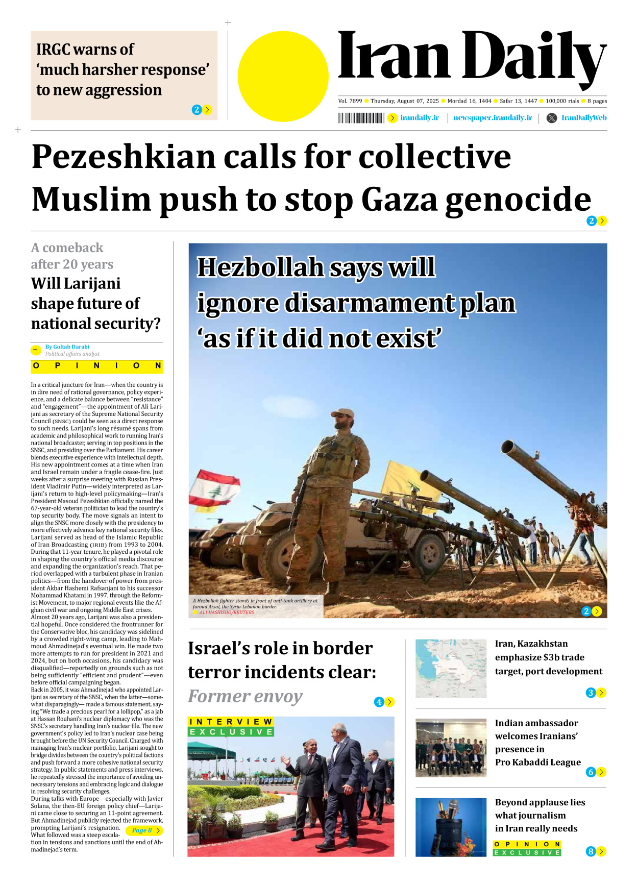 Iran Daily - Number Seven Thousand Eight Hundred and Ninety Nine - 07 August 2025