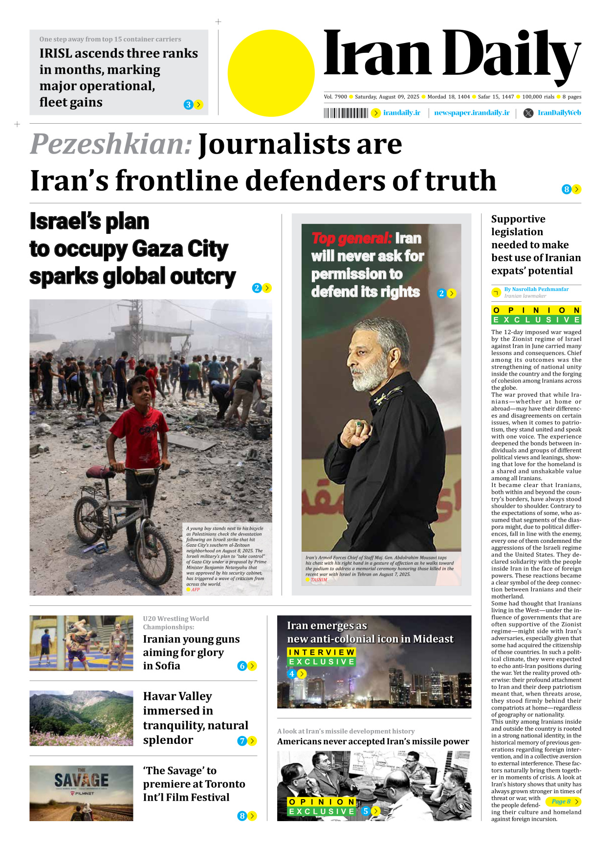 Iran Daily - Number Seven Thousand Nine Hundred - 09 August 2025