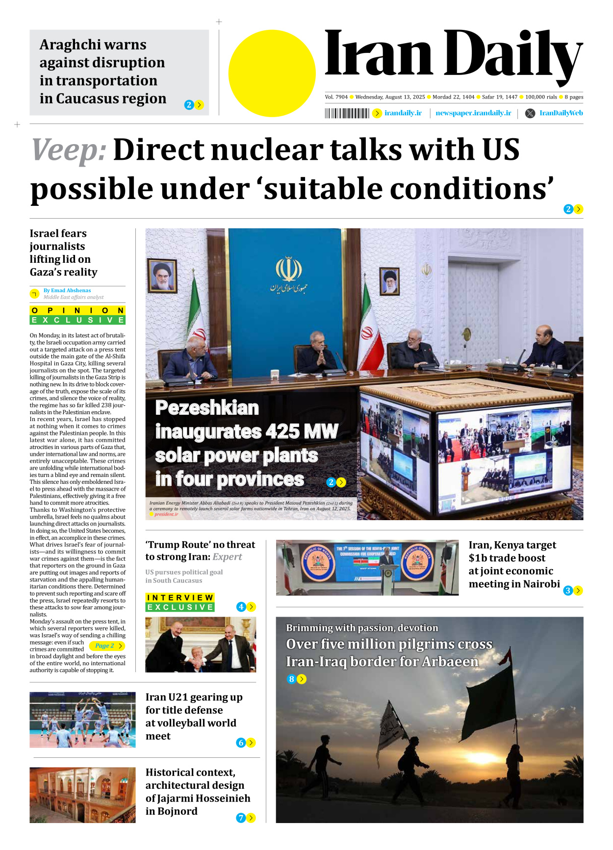 Iran Daily - Number Seven Thousand Nine Hundred and Four - 13 August 2025