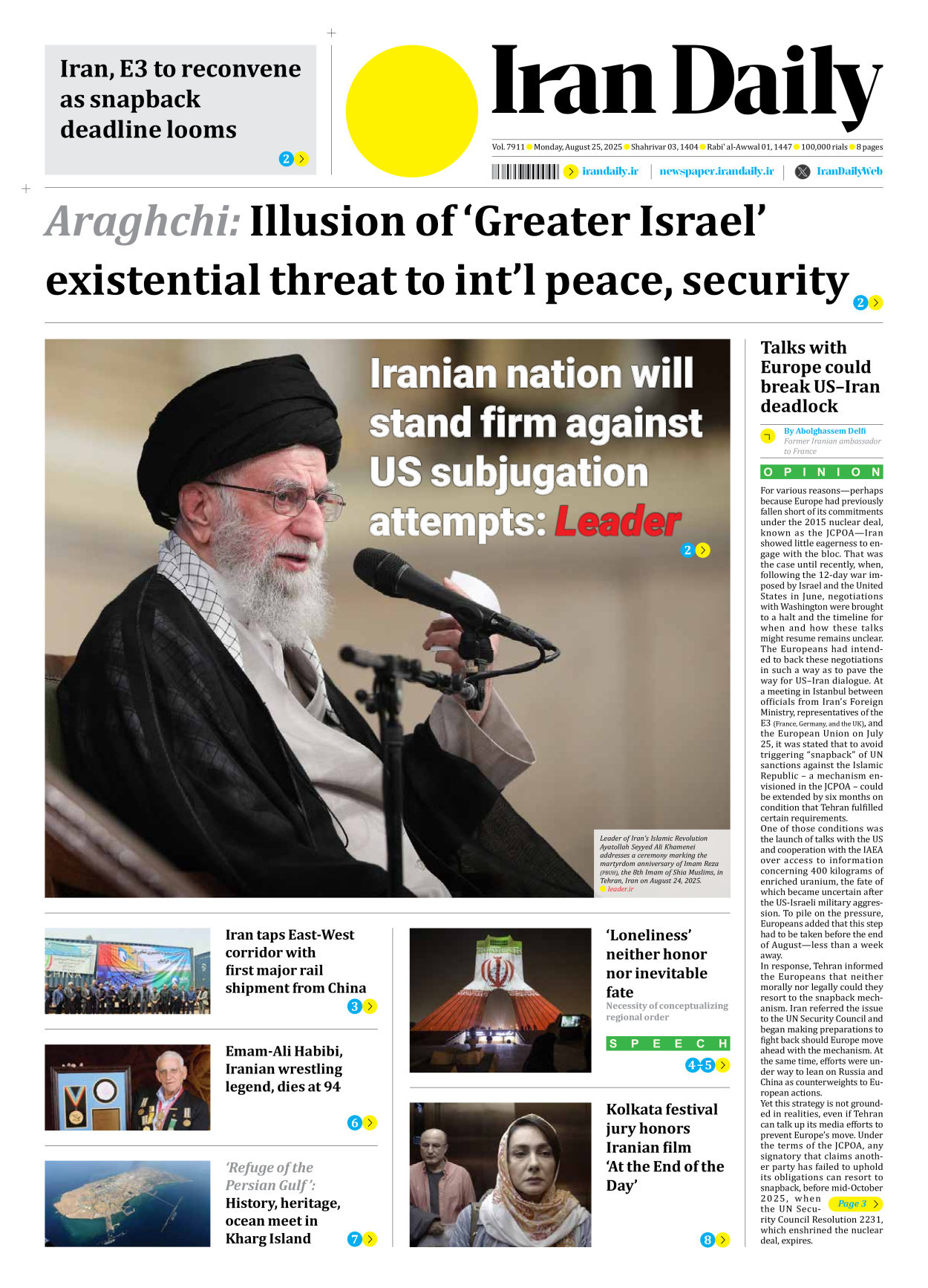 Iran Daily - Number Seven Thousand Nine Hundred and Eleven - 25 August 2025