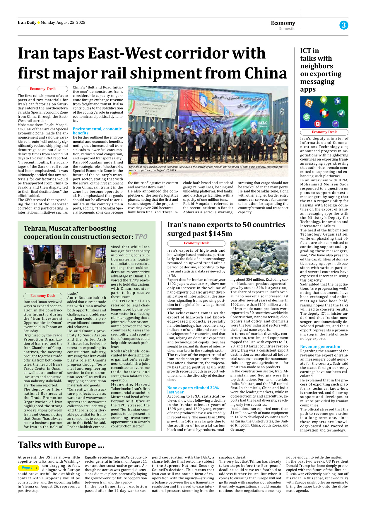 Iran Daily - Number Seven Thousand Nine Hundred and Eleven - 25 August 2025 - Page 3