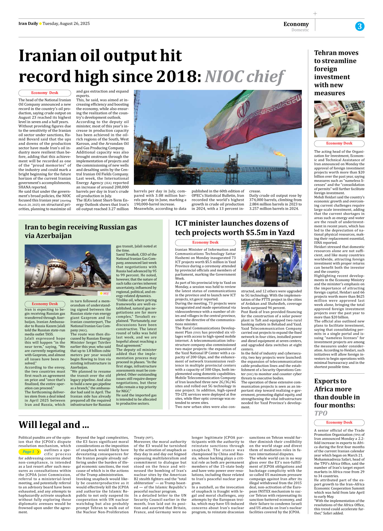 Iran Daily - Number Seven Thousand Nine Hundred and Twelve - 26 August 2025 - Page 3