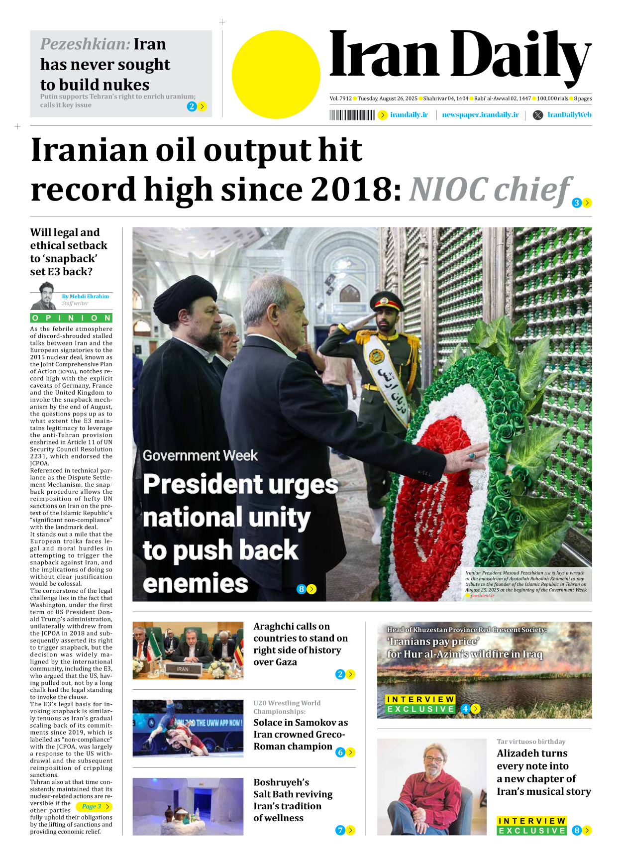 Iran Daily - Number Seven Thousand Nine Hundred and Twelve - 26 August 2025