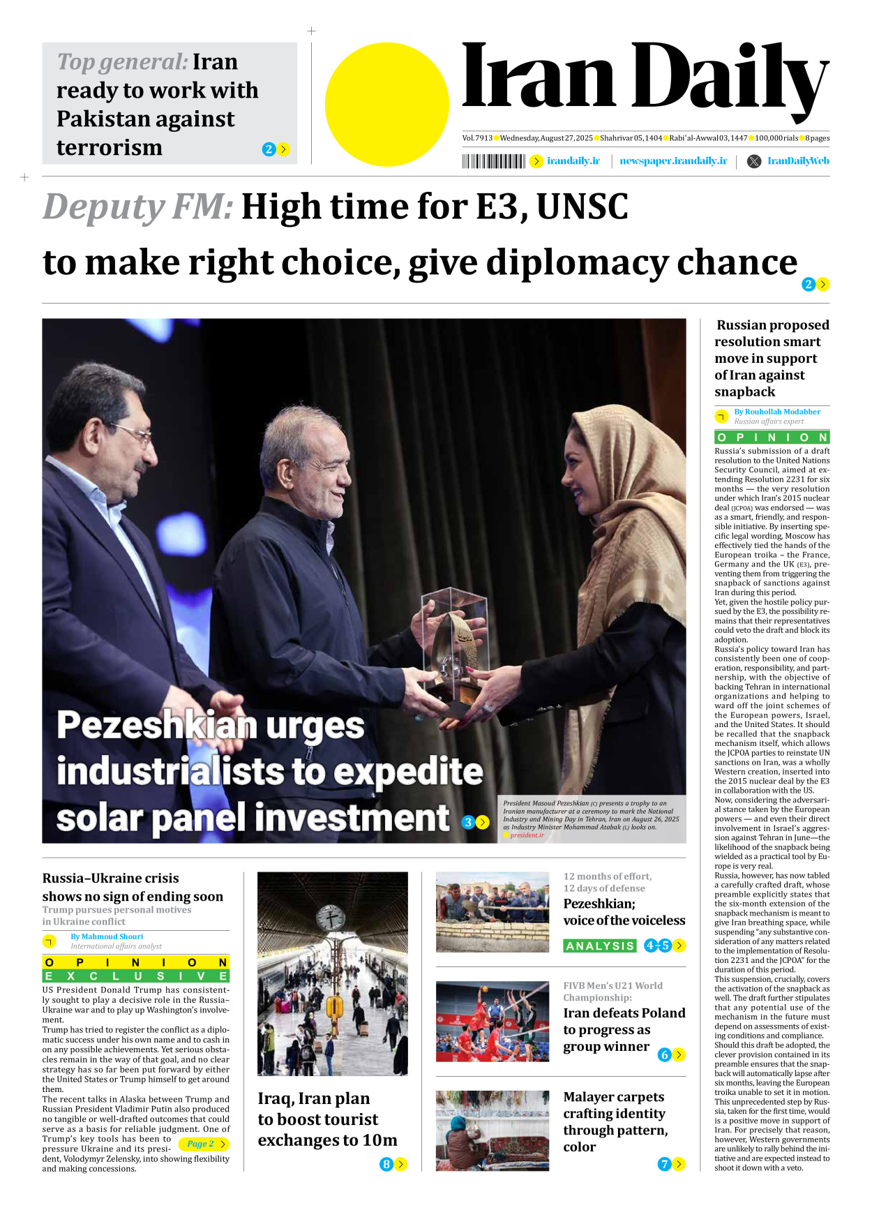 Iran Daily - Number Seven Thousand Nine Hundred and Thirteen - 27 August 2025