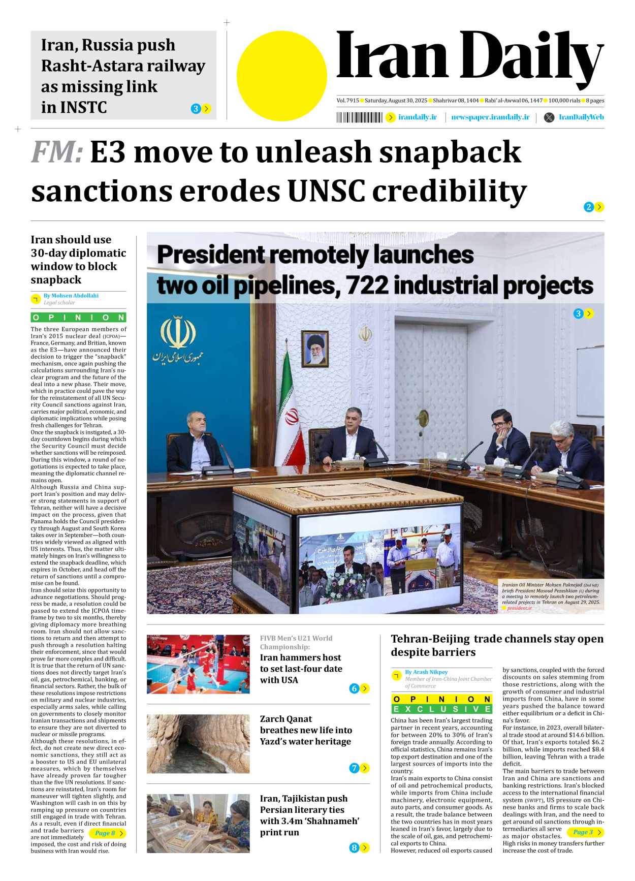 Iran Daily - Number Seven Thousand Nine Hundred and Fifteen - 30 August 2025