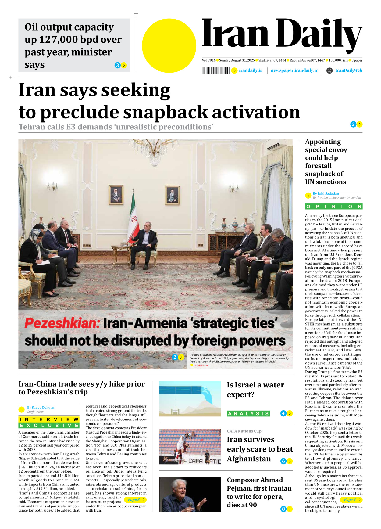 Iran Daily - Number Seven Thousand Nine Hundred and Sixteen - 31 August 2025