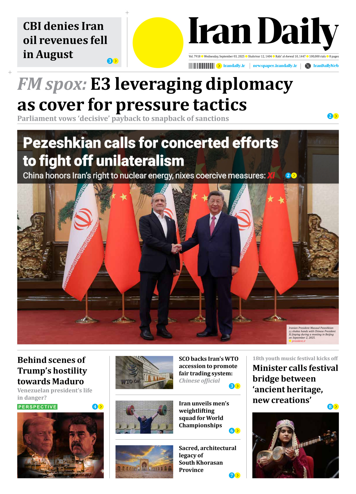 Iran Daily - Number Seven Thousand Nine Hundred and Eighteen - 03 September 2025