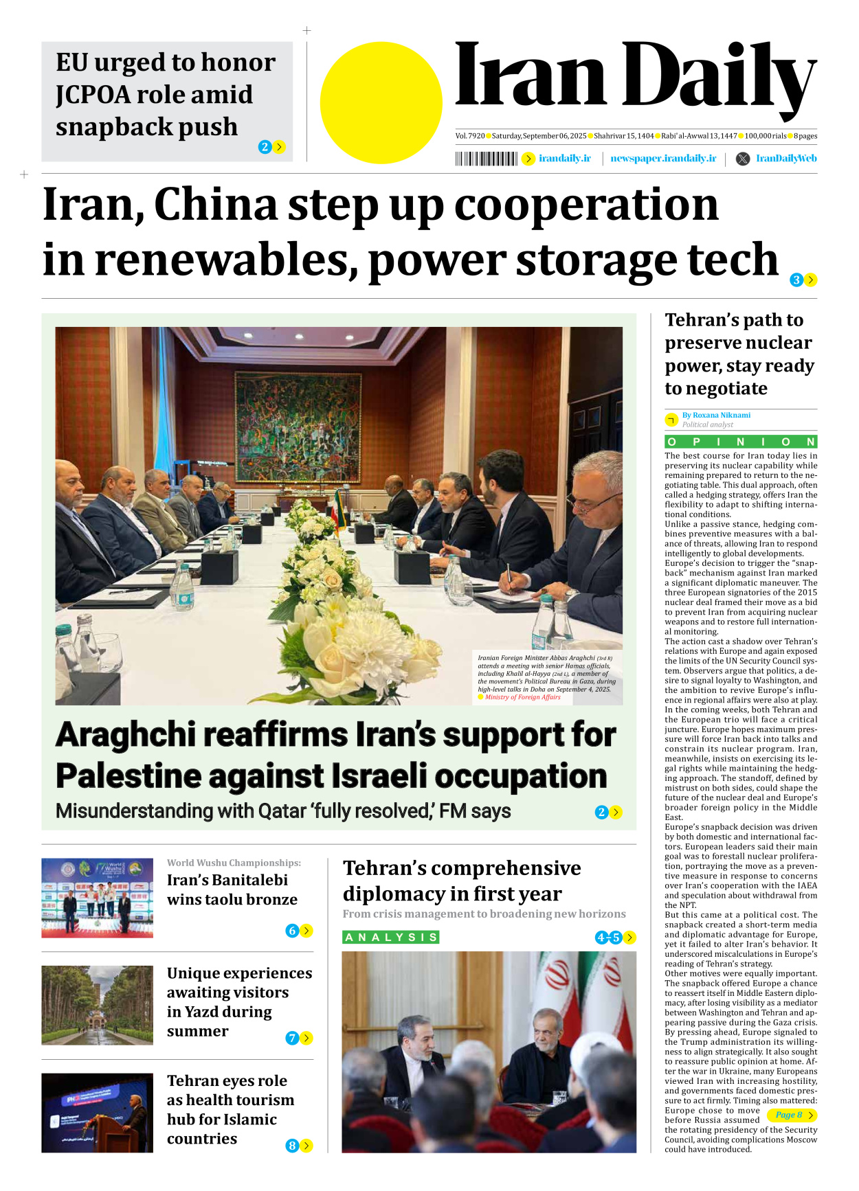 Iran Daily - Number Seven Thousand Nine Hundred and Twenty - 06 September 2025