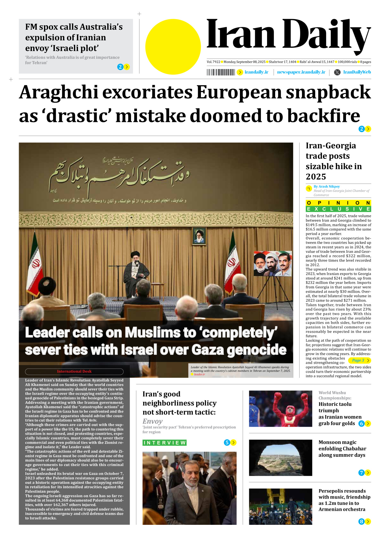 Iran Daily - Number Seven Thousand Nine Hundred and Twenty Two - 08 September 2025