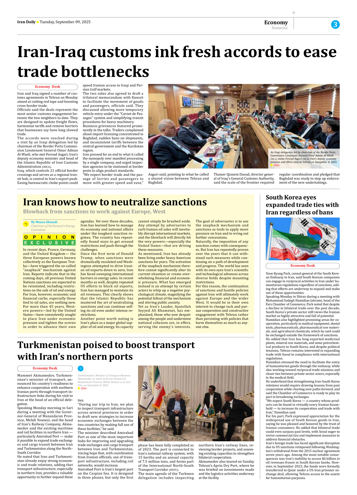 Iran Daily - Number Seven Thousand Nine Hundred and Twenty Three - 09 September 2025 - Page 3