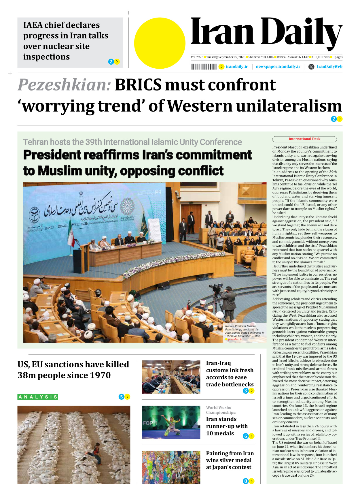 Iran Daily - Number Seven Thousand Nine Hundred and Twenty Three - 09 September 2025