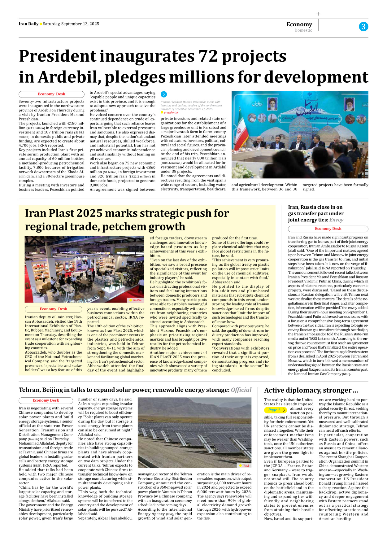 Iran Daily - Number Seven Thousand Nine Hundred and Twenty Four - 13 September 2025 - Page 3