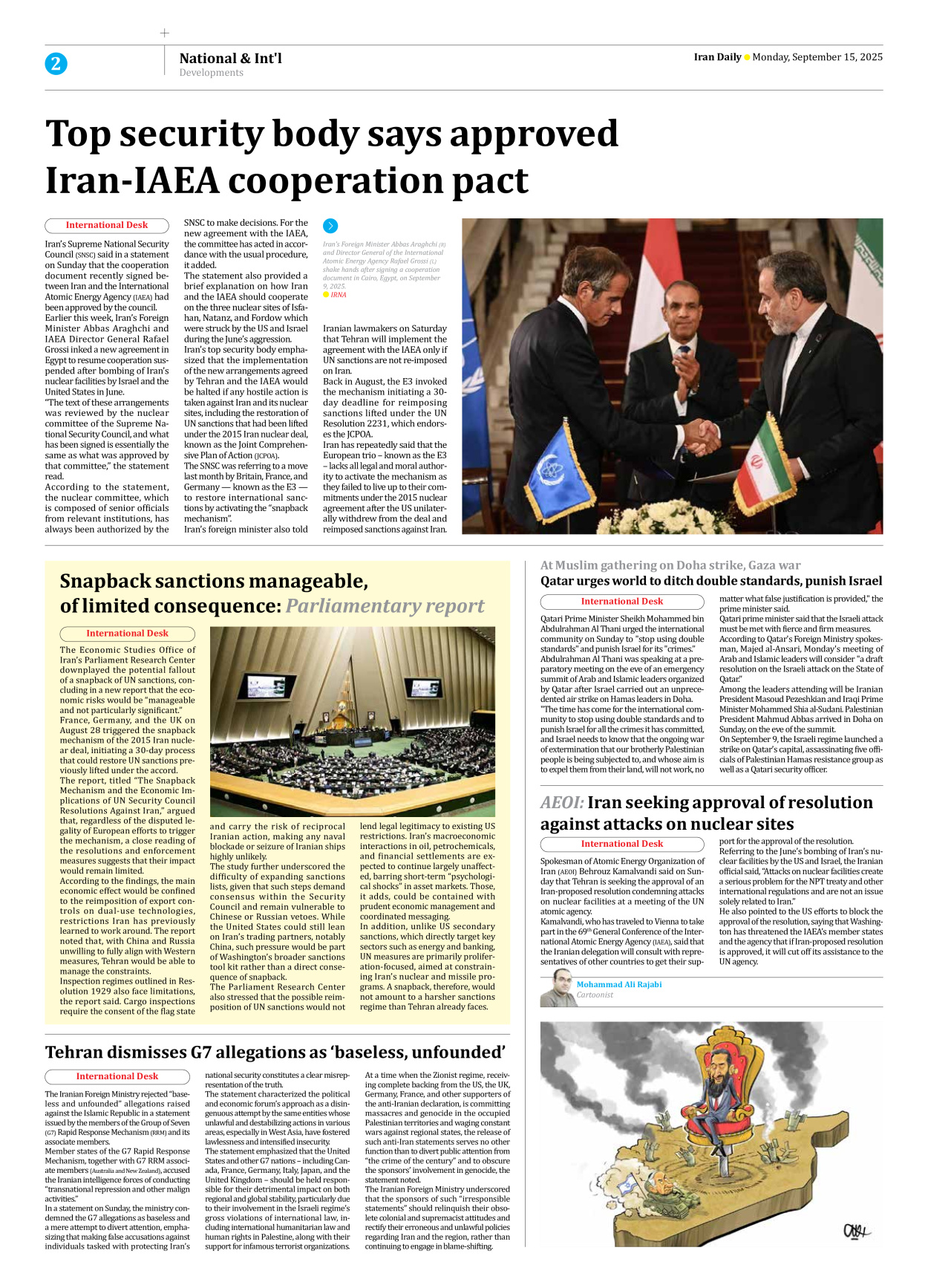Iran Daily - Number Seven Thousand Nine Hundred and Twenty Six - 15 September 2025 - Page 2
