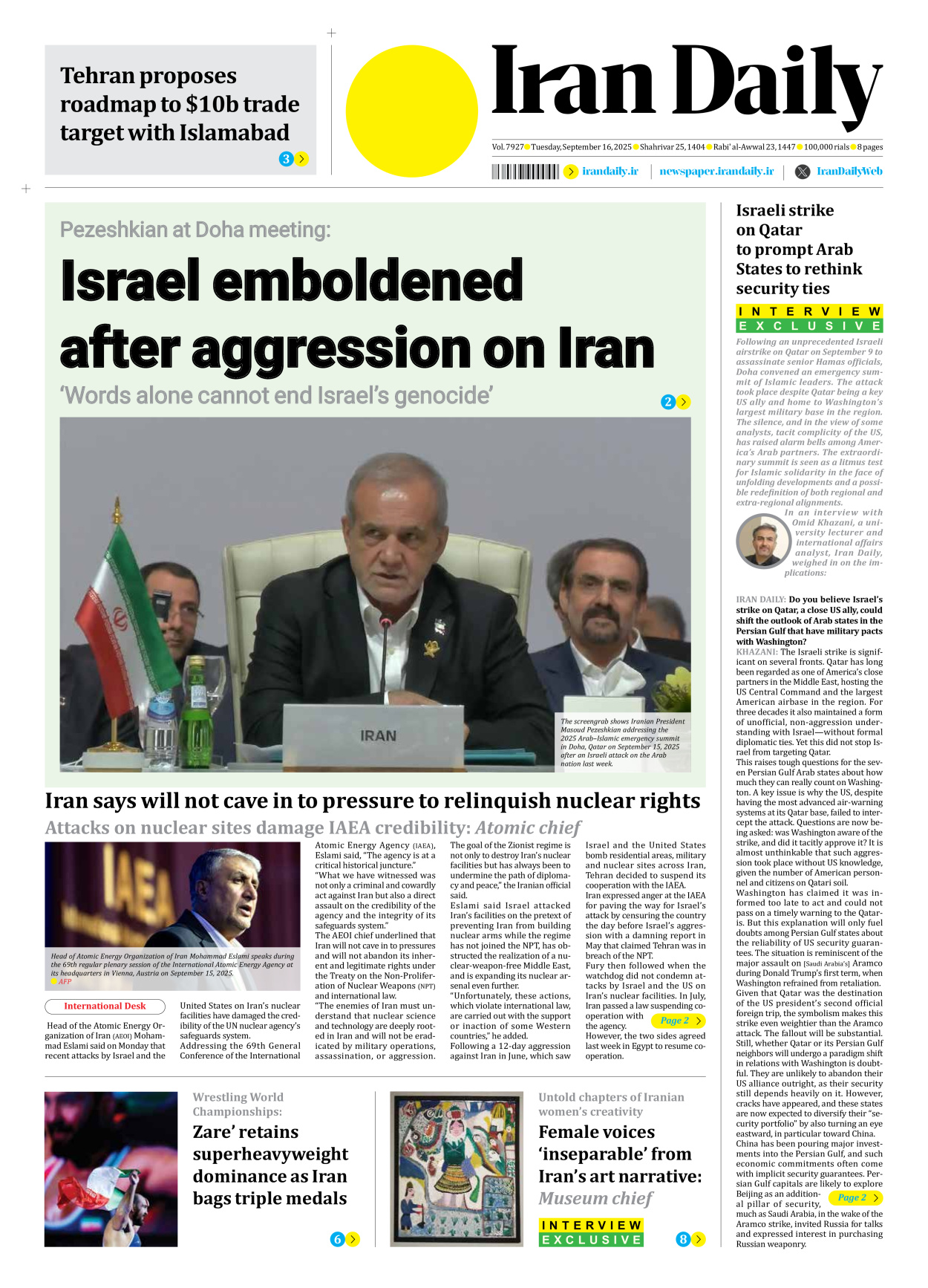 Iran Daily - Number Seven Thousand Nine Hundred and Twenty Seven - 16 September 2025