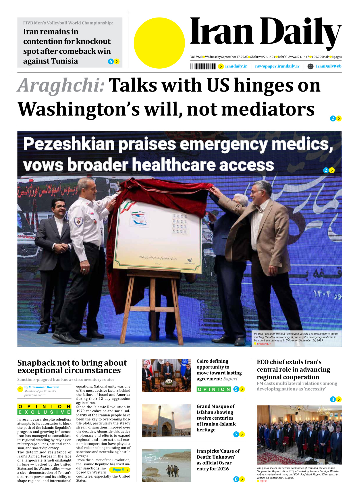 Iran Daily - Number Seven Thousand Nine Hundred and Twenty Eight - 17 September 2025