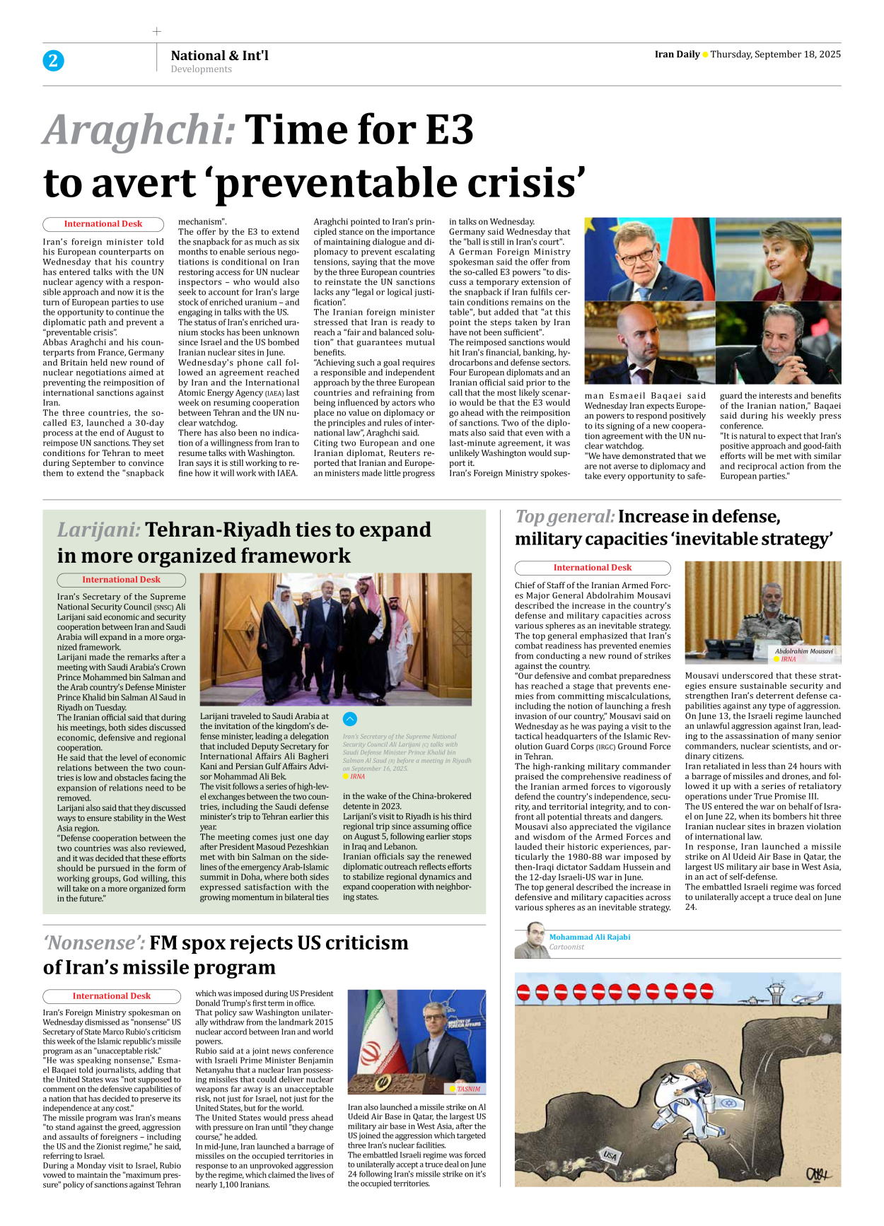 Iran Daily - Number Seven Thousand Nine Hundred and Twenty Nine - 18 September 2025 - Page 2
