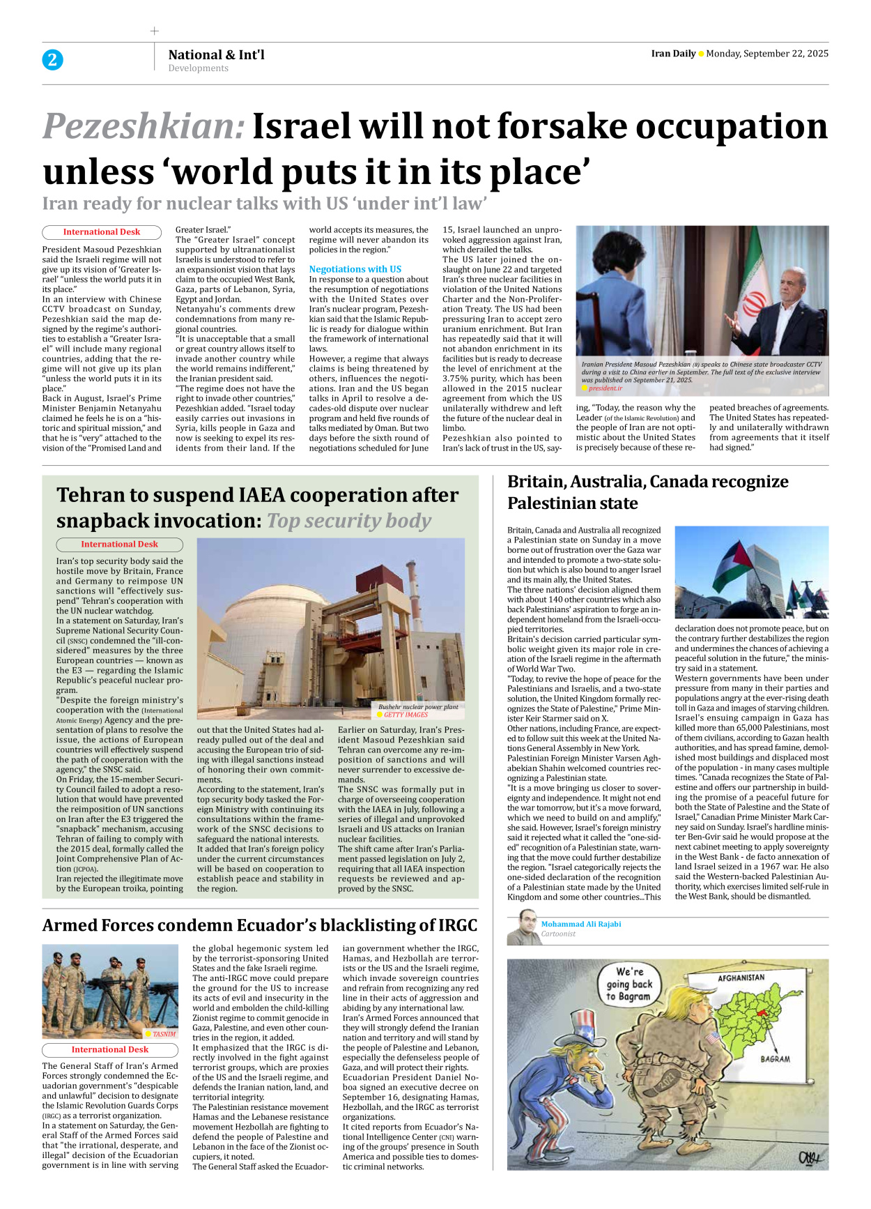 Iran Daily - Number Seven Thousand Nine Hundred and Thirty Two - 22 September 2025 - Page 2