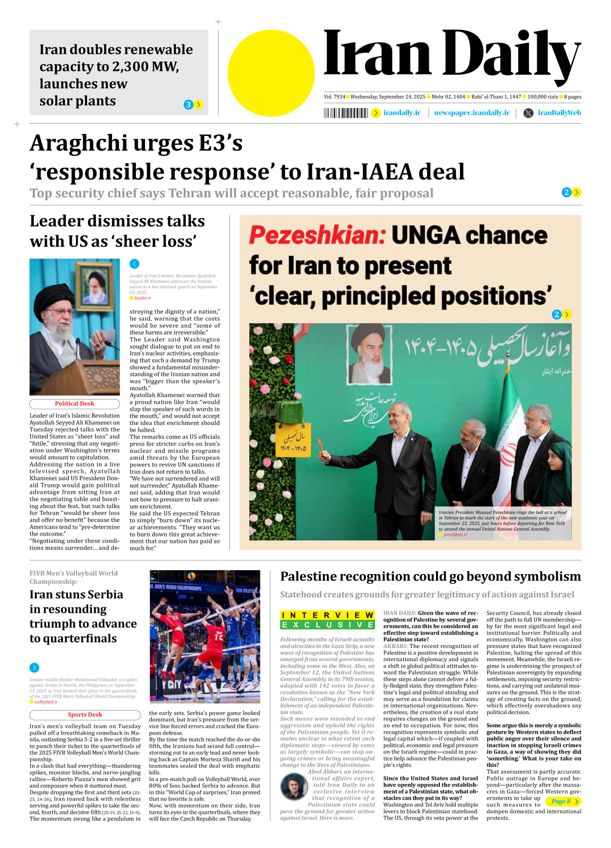 Iran Daily - Number Seven Thousand Nine Hundred and Thirty Four - 24 September 2025