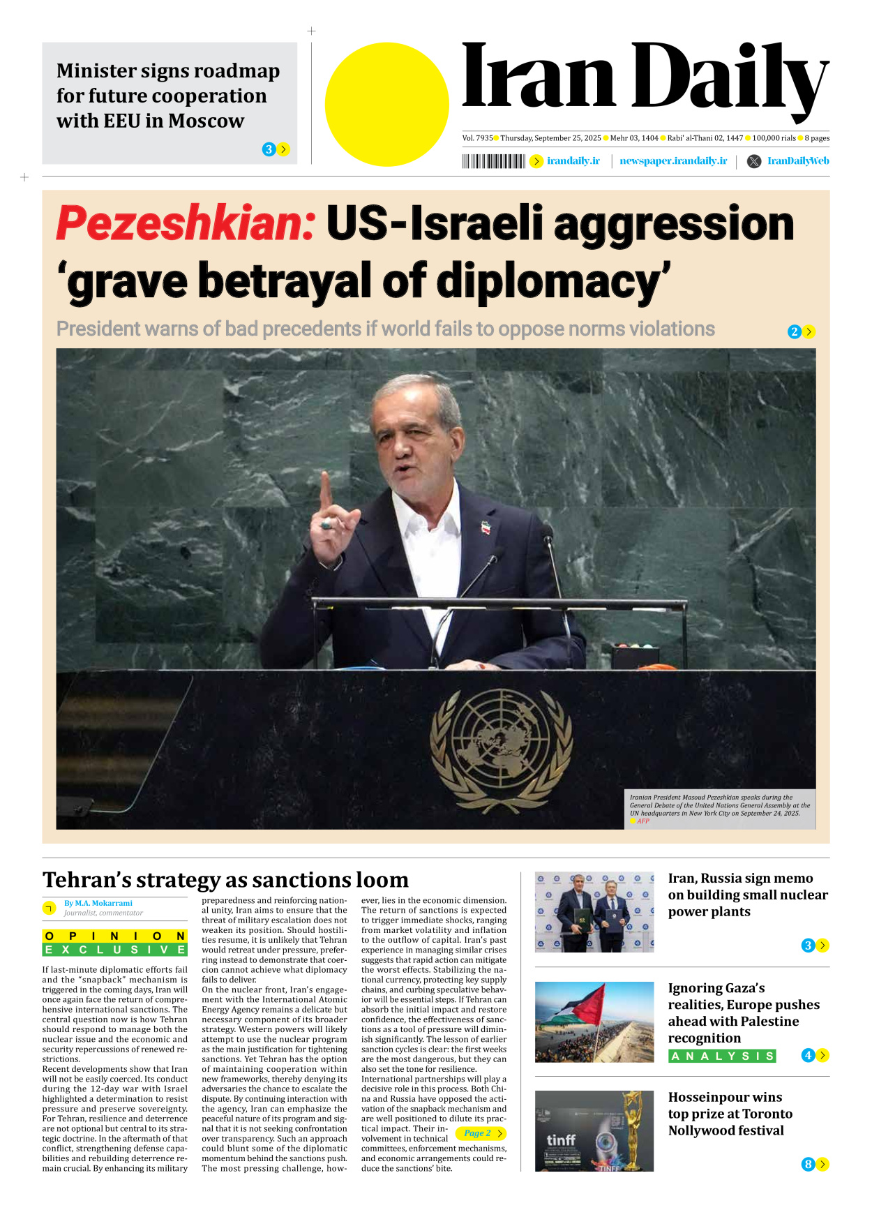 Iran Daily - Number Seven Thousand Nine Hundred and Thirty Five - 25 September 2025