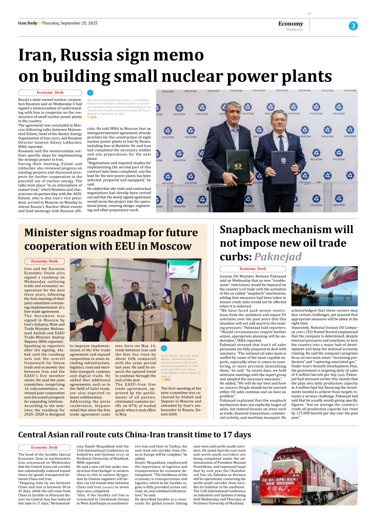 Iran Daily - Number Seven Thousand Nine Hundred and Thirty Five - 25 September 2025 - Page 3