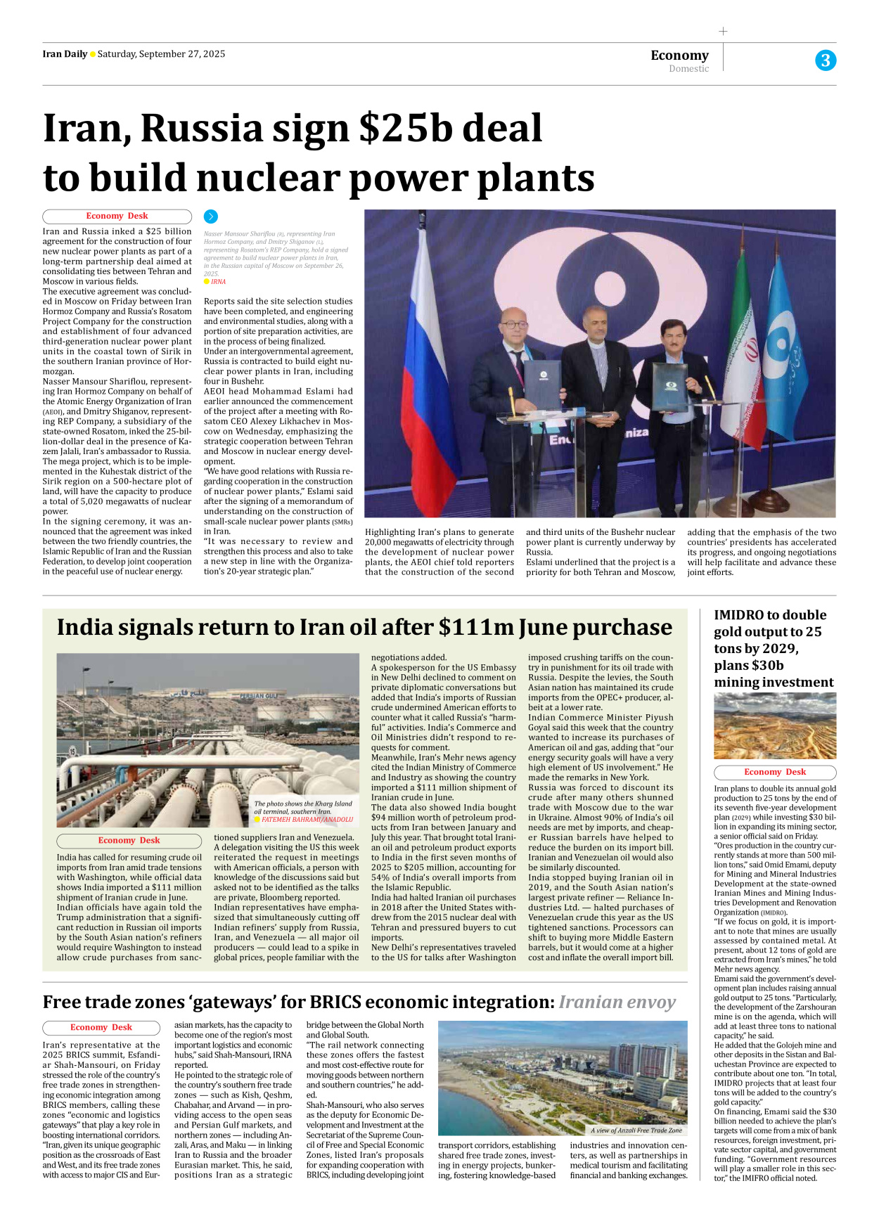 Iran Daily - Number Seven Thousand Nine Hundred and Thirty Six - 27 September 2025 - Page 3