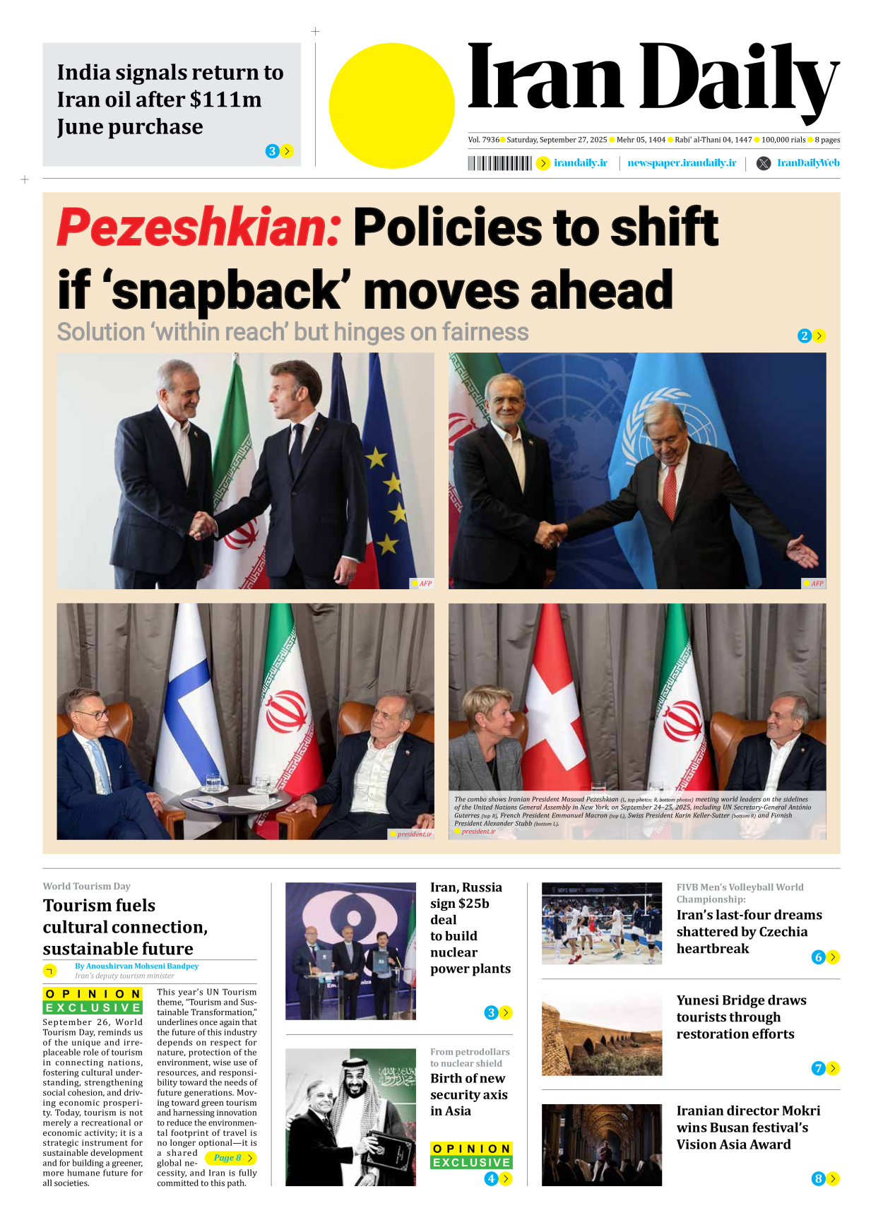 Iran Daily - Number Seven Thousand Nine Hundred and Thirty Six - 27 September 2025