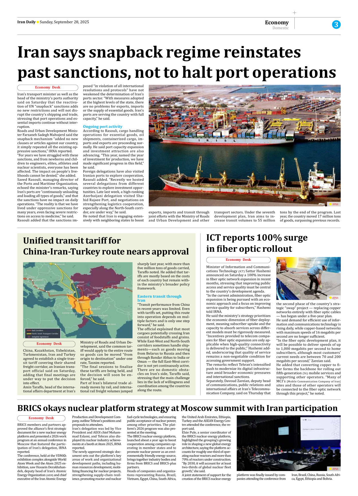 Iran Daily - Number Seven Thousand Nine Hundred and Thirty Seven - 28 September 2025 - Page 3