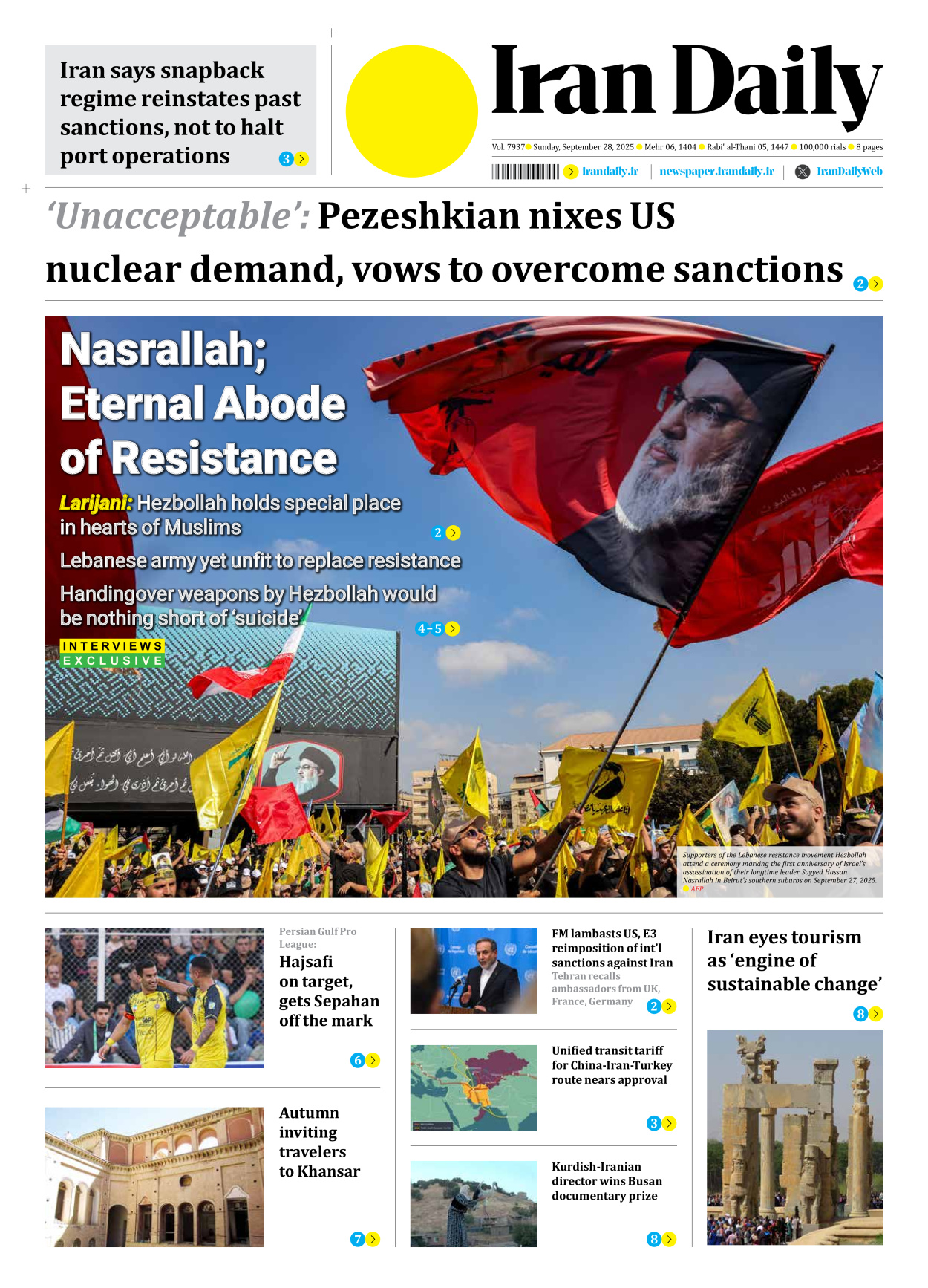 Iran Daily - Number Seven Thousand Nine Hundred and Thirty Seven - 28 September 2025